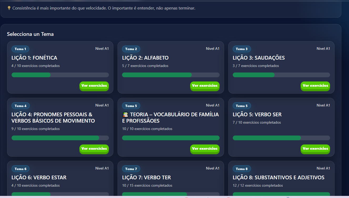 Lecciones reales con ejercicios completados y barras de progreso